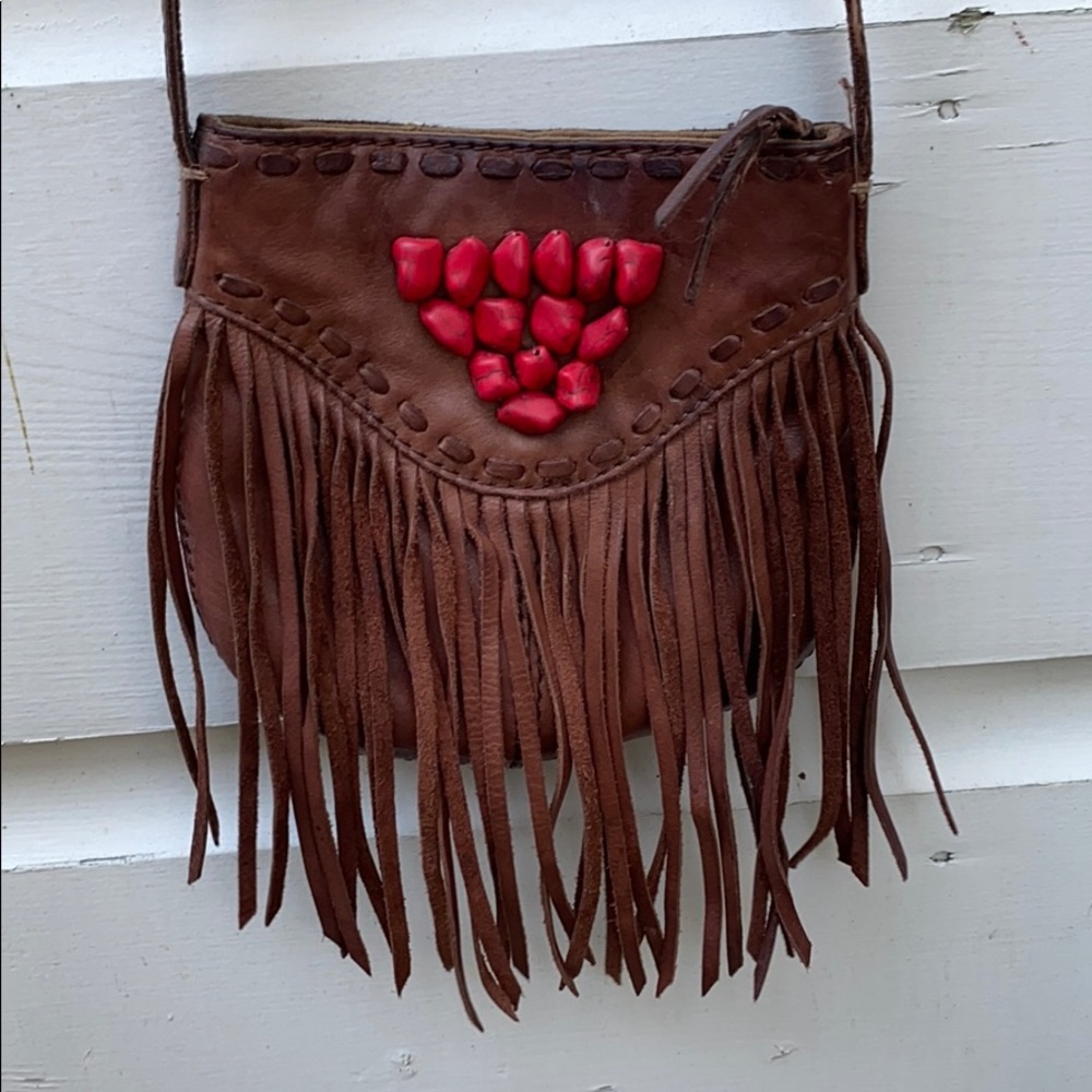 Lucky Brand Leather and Coral Beaded crossbody